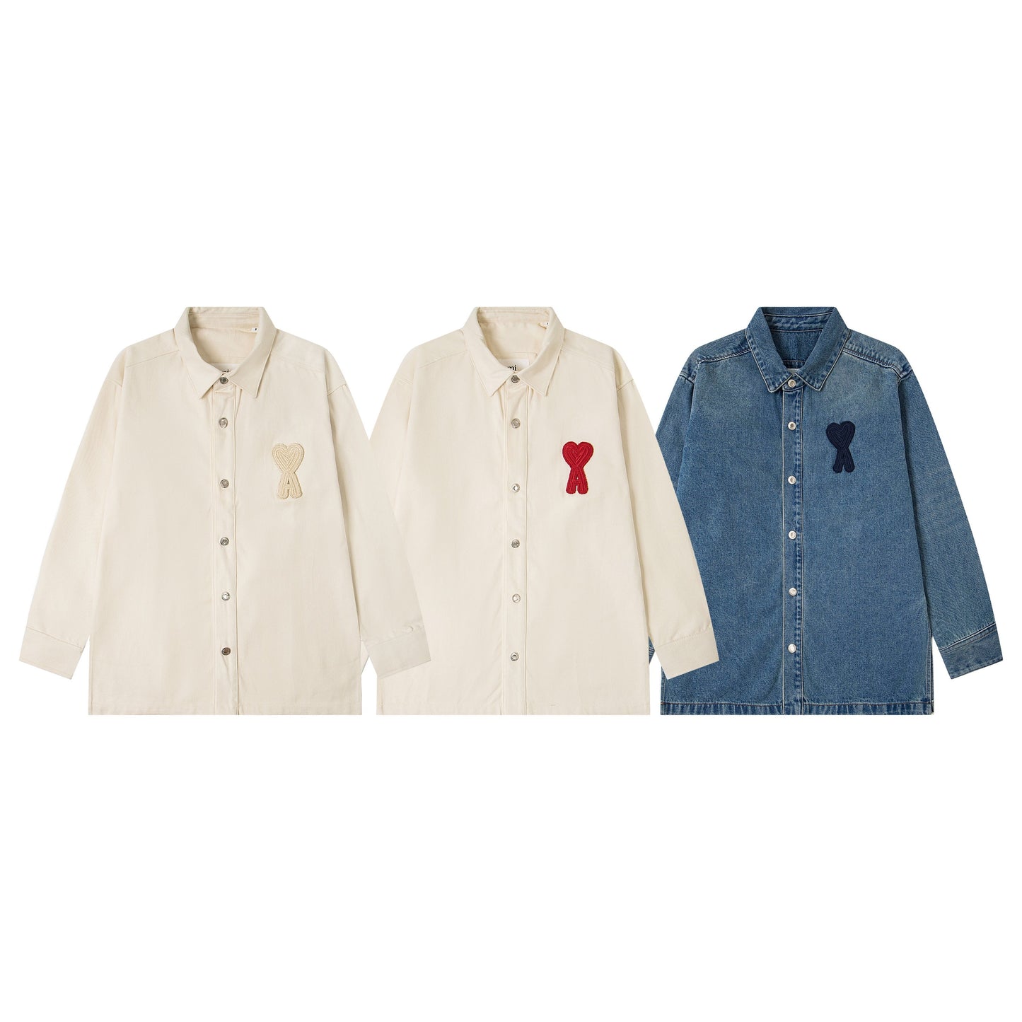 Ami Classic Heart Embroidered Long-Length Denim Shirt 848