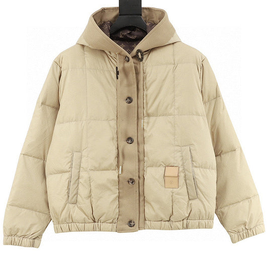 Louis Vuitton Fine-Check Hooded Down Jacket with Embossed Leather Patch